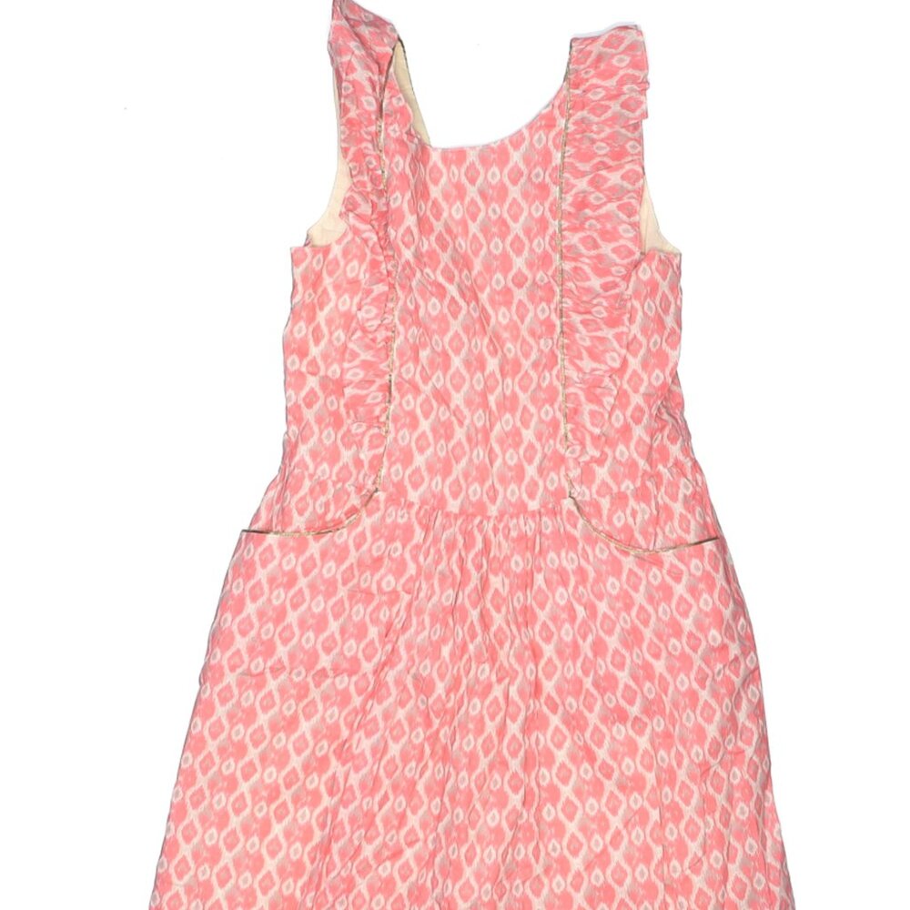 EUC Petite Lucette Size 8 Girls Woven Coral Ikat Dress Gold Piping Detail